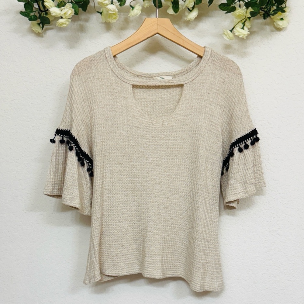 Hummingbird • Cream Waffle Knit Top Black Pom Pom Bell Sleeve Boho Blouse